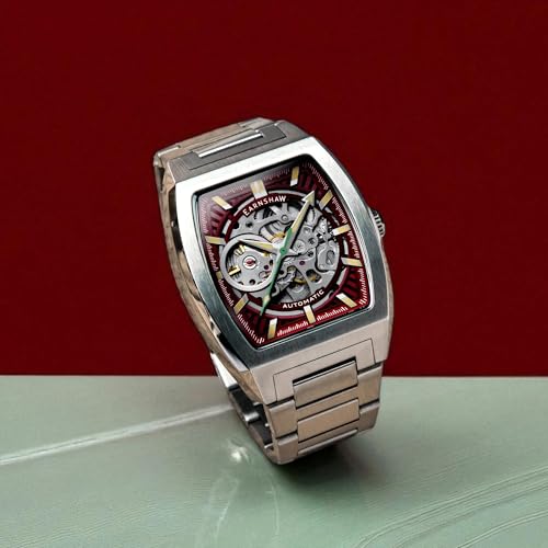 Thomas Earnshaw Men's 40mm Heritage Wellington Skeleton Automatic Watch with Leather Strap ES-8302, Merlot