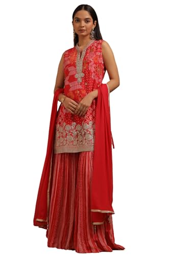 Soch Womens Red Chinon Bandhani Print Suit Set With Zardosi