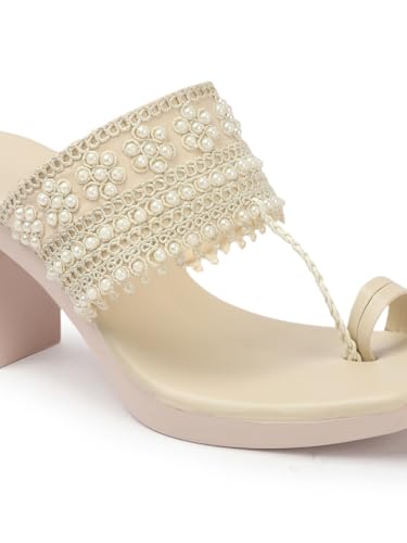 AROOM, Women's One Toe Block Heels Sandals Comfortable & Stylish Sandals for Women & Girls (Cream, UK Footwear Size System, Adult, Women, Numeric, Narrow, 8)