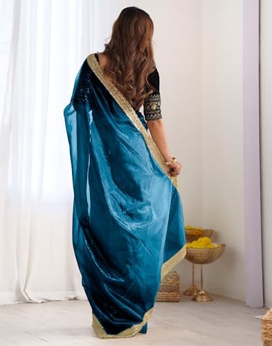 SIRIL Women's Net Embroidered Saree With Unstitched Blouse Piece(3997S133-Blue)