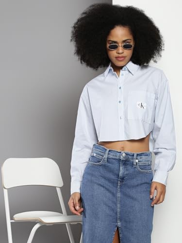 Calvin Klein Women's Vertical Stripes Fit Cropped Shirt (J20J222614CEZ_Blue