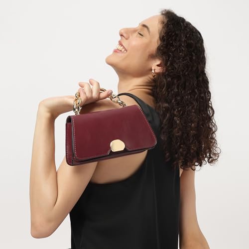 Fastrack Party Sling Bag for Women | Compact Shoulder Bag for Girls, Ladies, Women | Faux Leather Handbag with Gold Chain Handle (Maroon)