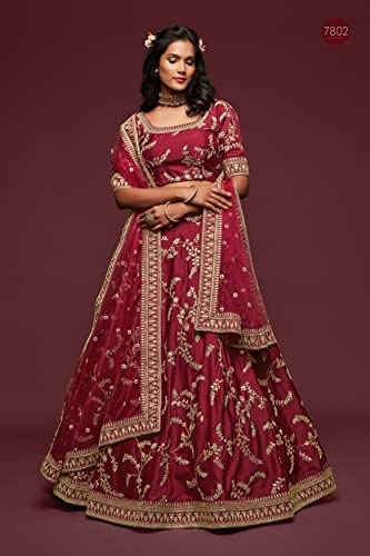 Zeel Clothing Women's Art Silk Semi-Stitched Lehenga Choli with Dupatta (7802-Maroon-Wedding-Bridal-Latest-Choli; Free Size) (Maroon)