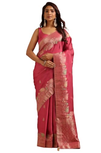 Soch Womens Onion Pink Satin Botanical Zari Woven Saree
