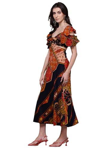 Label RITU KUMAR V Neck Frill Sleeves Printed Long Dress Black