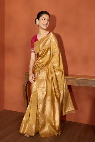 Taneira Women Brown Silk Viscose Kadwa Banaras Inspired Design Saree with Unstitched Blouse Piece (SAPH04AA0478-Brown)