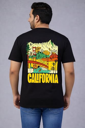 THE SOUTH STORE Men's Black Round Neck Half Sleeve Printed Plus Size T-Shirt | California