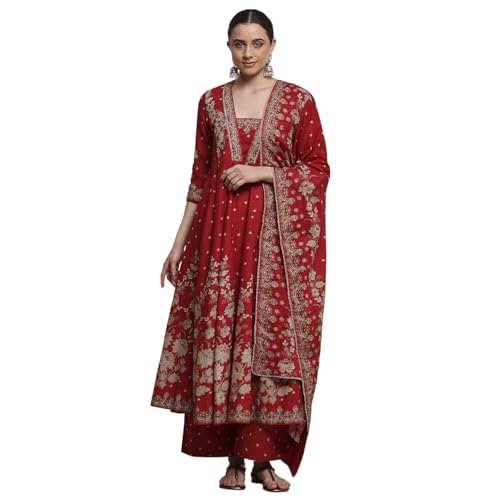 Biba Women Red Cotton Anarkali Printed Suit Set_36