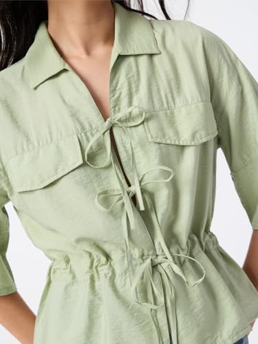 The Souled Store Tie-Up Shirt: Women and Girls Elbow Length Collared Moss Green Solid Viscose Nylon Blend Oversized Fit Lightweight Casual Streetwear Shirt