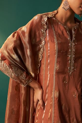 Wishful Women's Copper Brown Metallic Embroidered Flared Chanderi Kurta with Straight Pant and Dupatta Set (SP12566-314269-S)