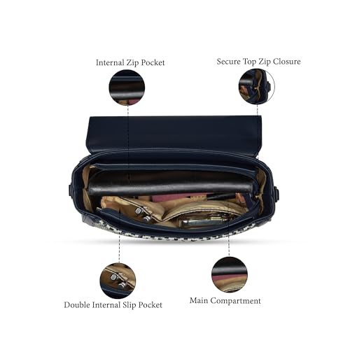 Caprese Wind Medium Satchel Bag for Women | Woven Texture Faux Leather Shoulder Bag with Adjustable & Detachable Strap | Dual Zipper & Magnetic Button Closure for Office & Casual Use (Midnight Blue)