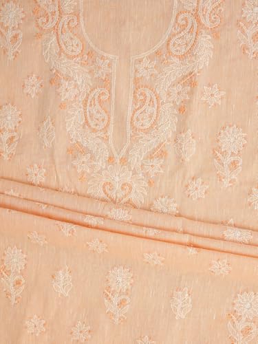 Ada Hand Embroidered Lucknowi Chikankari Unstitched Linen Dress Material Suit Piece with Dupatta for Women 01A885295 Peach