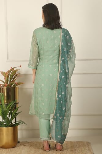 W for Woman Solid Embroidered Straight Organza Suble Green Kurta, Pant and Dupatta Set (Size: 2XL)-24AUWS11709-124502