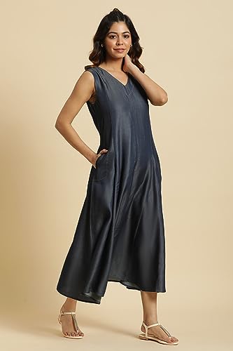 W for Woman Women's Lycra A-Line Calf Length Dress (23AUW19659-704256_Blue