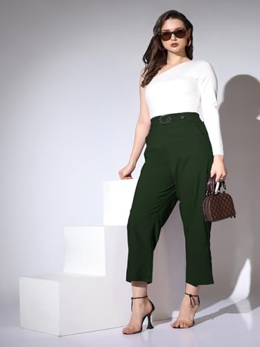 Leriya Fashion Trousers for Women || Solid Bi-Stretch Straight Trousers with 2 Front Pockets & Decorative Buckle || for Office || Casual || Professionals Wear Pleated Trousers (Medium, Green)
