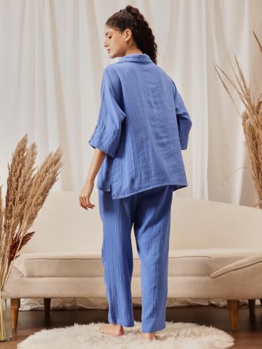 Clovia Solid V-Neck Long Top & Pyjama Set in Navy Colour (LS0772P08_Navy Blue_L)