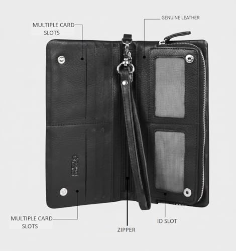 Calfnero Women's Genuine Leather Travel Wallet-Long Purse Wallet with Multiple Card Slots, Zip Pocket and Note Compartment (Black)