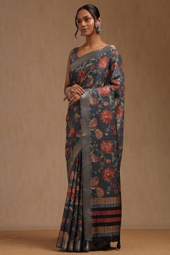 Soch Womens Blue Tussar Floral Print Saree