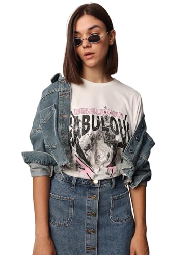 ONLY Women Graphic Printed Regular Fit Casual White Round Neck T-Shirt