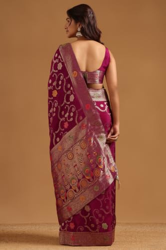 Soch Womens Wine Crepe Botanical Zari Woven Saree