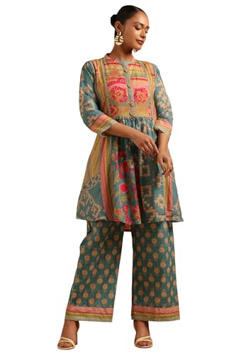 Soch Womens Turquoise Blue Chanderi Botanical Printed Co-Ords Set With Beads