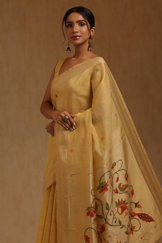 Soch Womens Yellow Chanderi Woven Design Saree