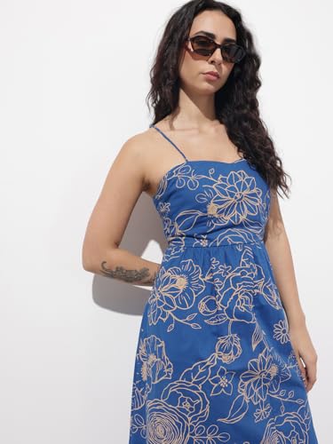 Divena Blue Shoulder Strap Poplin Cotton Midi Dress-DK2316