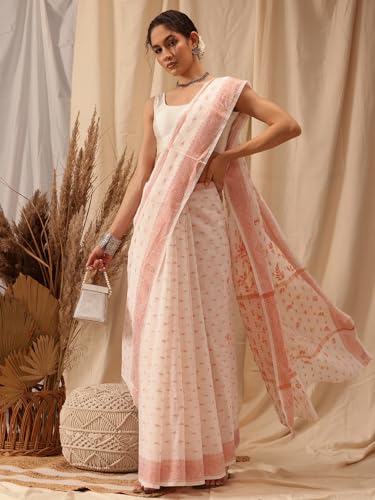 Ada Hand Embroidered Lucknowi Chikankari Chanderi Saree with Unstitched Blouse Piece for Women A311374 Off White