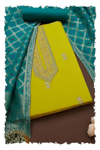 Soch Womens Light Green Cotton Blend Embroidered Unstitch Dress Material With Sequins