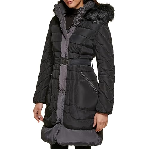 GUESS Women's Belted Hooded Cold Weather Coat, Black, L