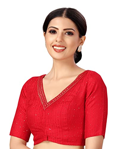 Studio Shringaar Women's Readymade Polyester Elbow Length Sleeves Saree Blouse with Mirror Work (Red, 46)