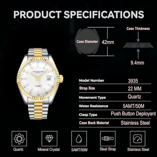 Stuhrling Original Watches for Men - Lineage Analog Dress Watch Mens Quartz Watch Watch Stainless Steel Bracelet Wrist Watch Luminous Hands and Markers - Mens Watch Collection (Black)