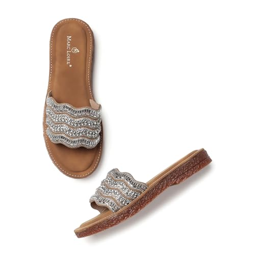 Marc Loire Women Embellished Ethnic Flats | Slip-On Open Toe Chappals | Indian Fashion Sandals with Comfortable Sole (Beige, UK Footwear Size System, Adult, Women, Numeric, Medium, 6)