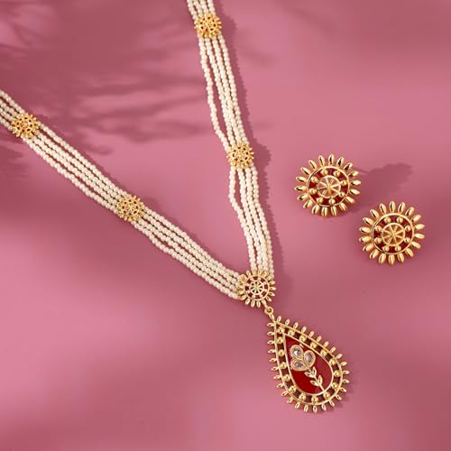 VOYLLA Gota Patti Surya Moti Haar Necklace Set For Women, Gold Jewellery Set, Gift For Women & Girls, Enamelled Jewellery, Festive, Puja, Wedding, Gifting
