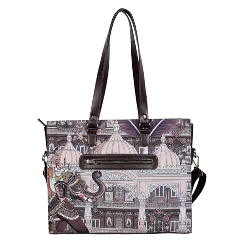 Fatfatiya Indian Heritage Elephant Art Office Tote Bag for Women | Laptop Handbag Fits 15.6 Inch | Palace Illustration Work Bag | Detachable Sling Strap