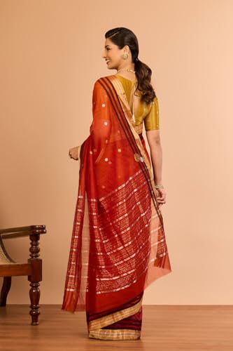 Taneira Women Dark Orange Silk Cotton Chanderi Woven Saree with Unstitched Blouse Piece (SAPH02AB0797-Dark Orange)