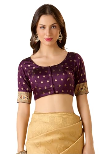 S SALWAR STUDIO Brinjal Paithani Silk Round Neck Readymade Blouse Violet