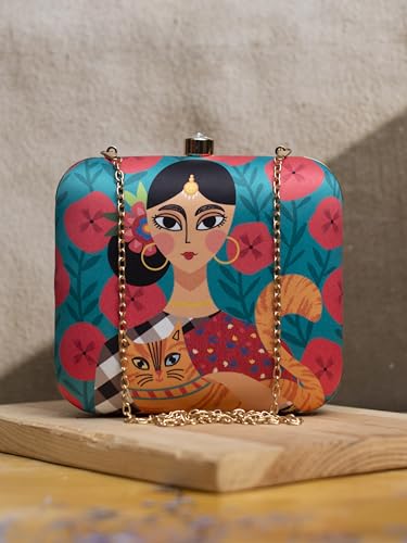 Artklim Lady With Cat Printed Clutch