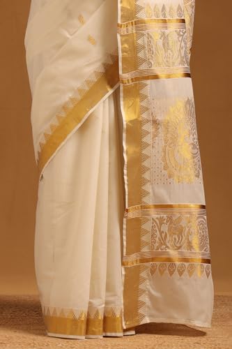 Soch Womens Cream Cotton Zari Woven Kasavu Saree
