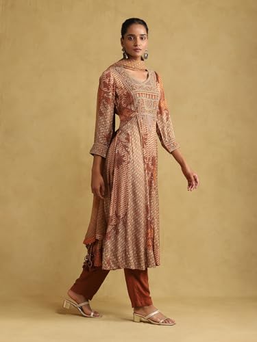Ritu Kumar Rust Micro Print Embroidered Kurta With Palazzo And Dupatta