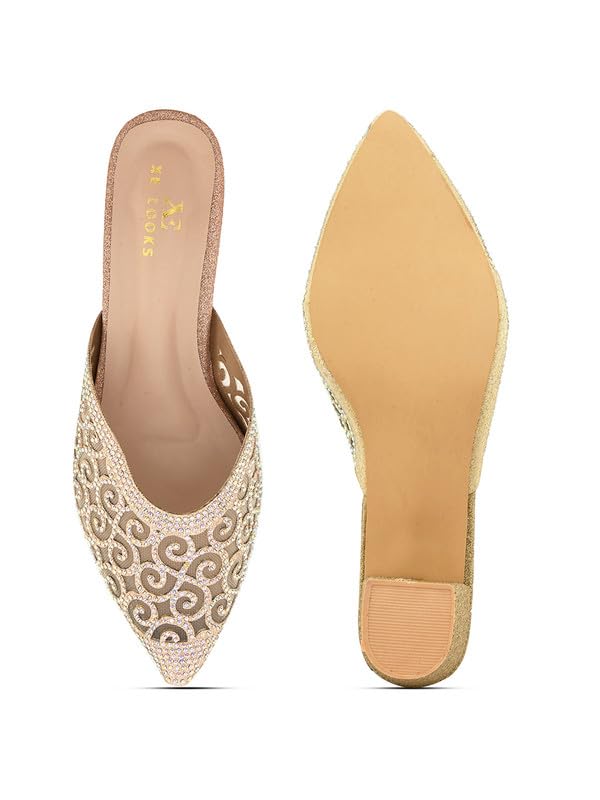 XE Looks Women's Gold Embellished Block Heel Mules | Pointed Toe Slip-On with Intricate Rhinestone Design | Stylish, Fancy & Charm Block Heels For Girls & Women