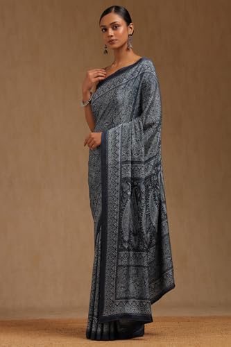 Soch Womens Navy Blue Crepe Ethnic Motifs Saree