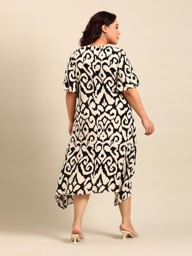 The Pink Moon Women's Maxi Plus Size Abstract Print Aline Dress - (DRS_Aline_BWCRP_White_2XL)