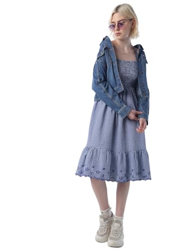 ONLY Women's Checked Fit and Flare Blue Dress