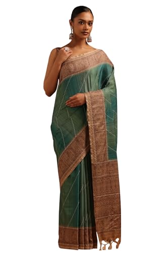 Soch Womens Teal Tussar Ethnic Motifs Saree With Thread Work