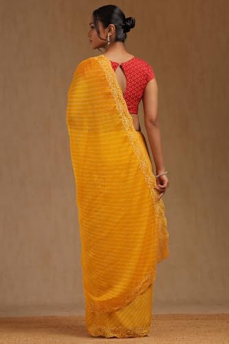Soch Womens Yellow Georgette Leheriya Print Saree With Thread Work