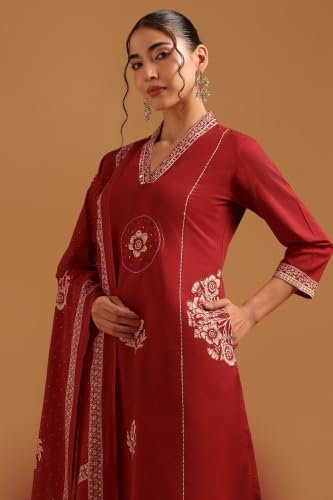 Soch Womens Maroon Cotton Digital Printed Botanical Appliqué Salwar Suit