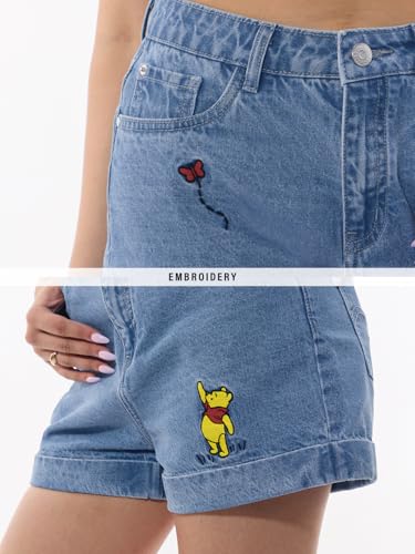 The Souled Store Winnie The Pooh: Butterfly Women and Girls Buttoned Waistband Light Blue Embroidered Cotton Denim Regular Fit Cuffed Hem Lightweight Everyday All-Season Casual Shorts
