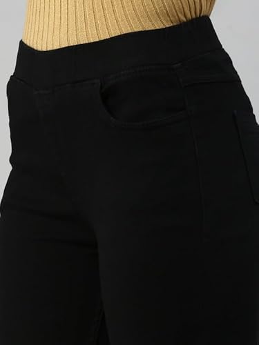 De Moza Women Jegging Woven Bottom Solid Cotton Black