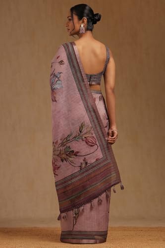Soch Womens Purple Linen Floral Print Saree